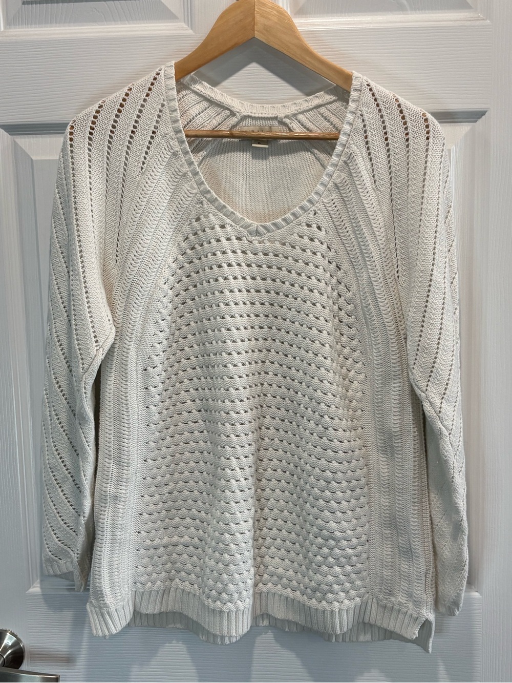 Tribal Jeans Cream Cotton Blend Open Knit V-Neck, Size XL